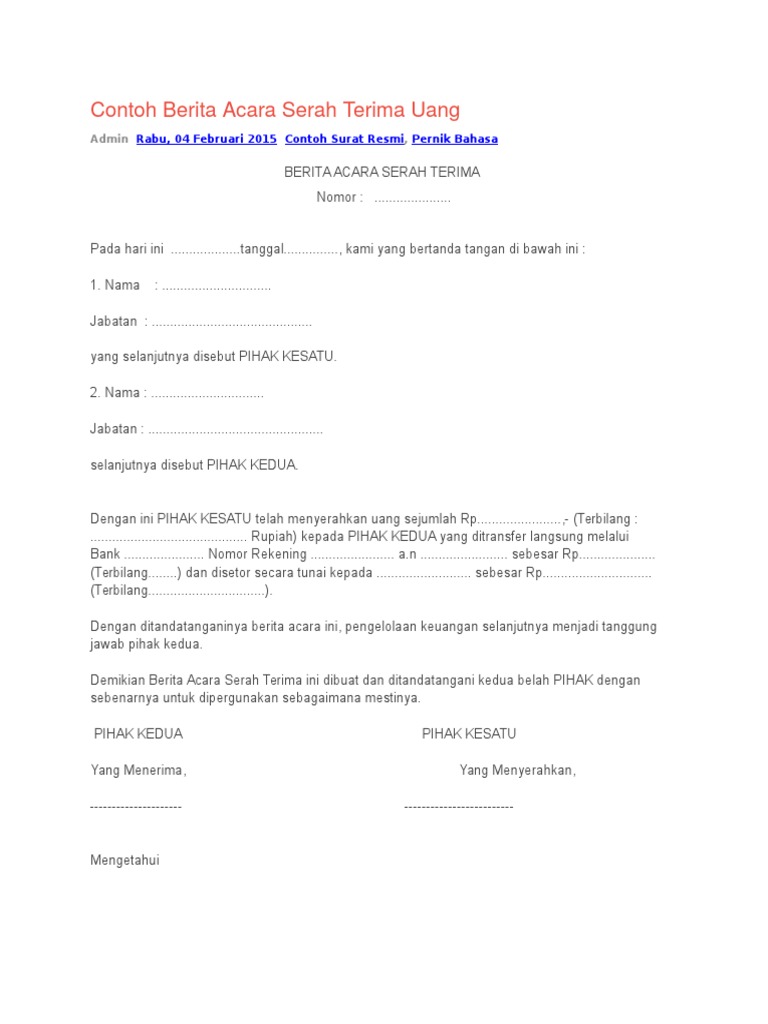 Contoh Berita Acara Serah Terima Uang Pdf