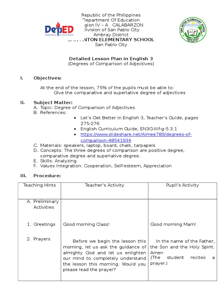 Grade 3 Lesson Plan: Adjective Comparisons | PDF | Linguistics ...