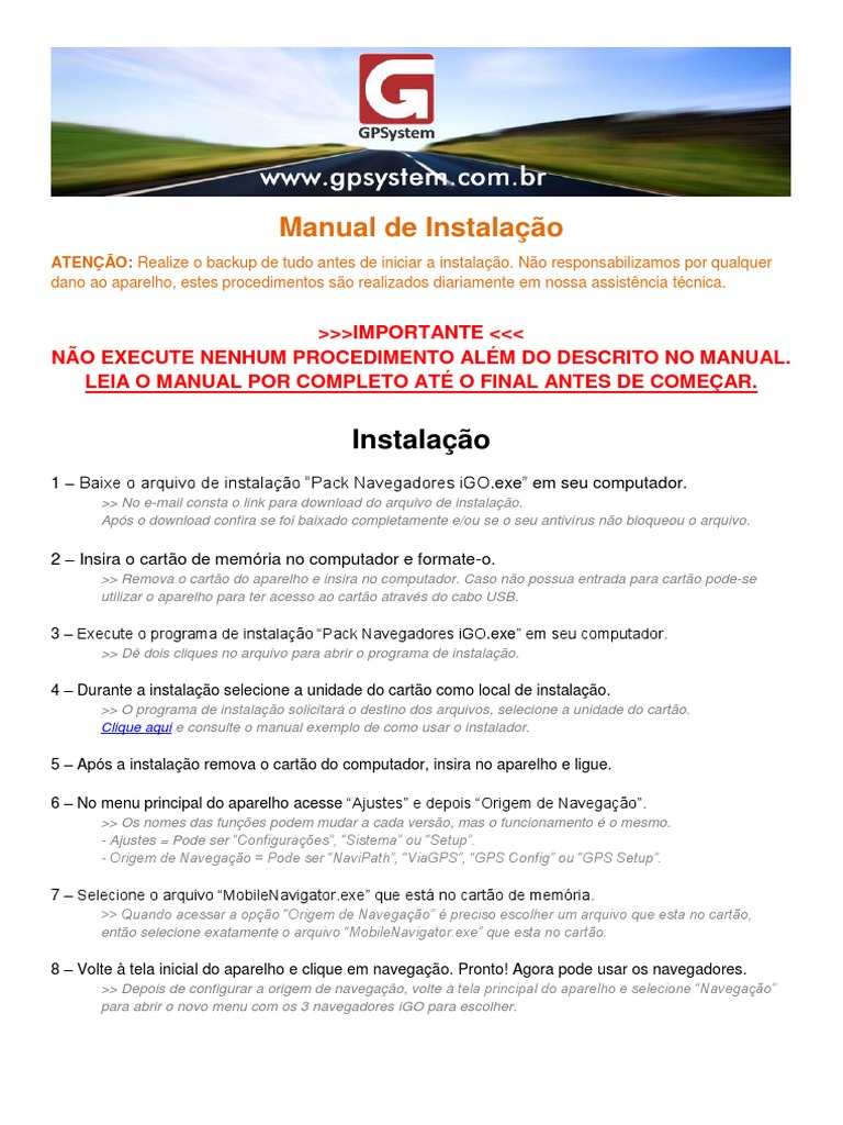 Guia de Instalação do GPS iGO | PDF | Sistema de Posicionamento Global ...
