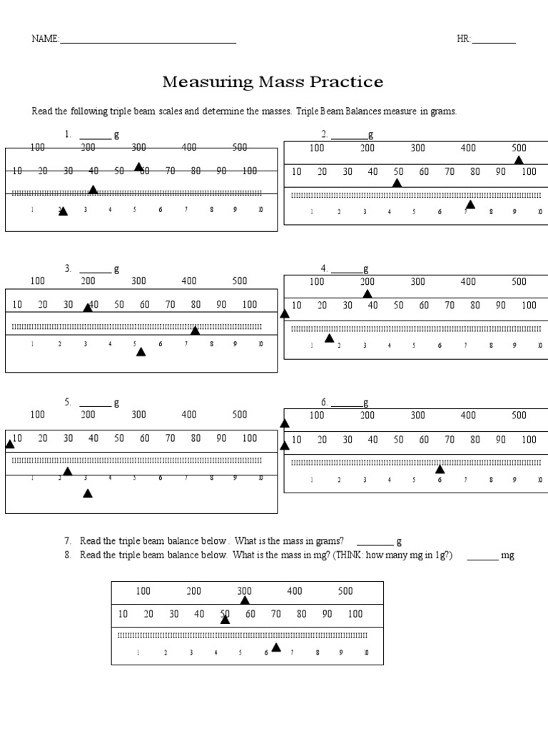 Triple Beam Balance Mass Practice | PDF | Weighing Scale | Kilogram