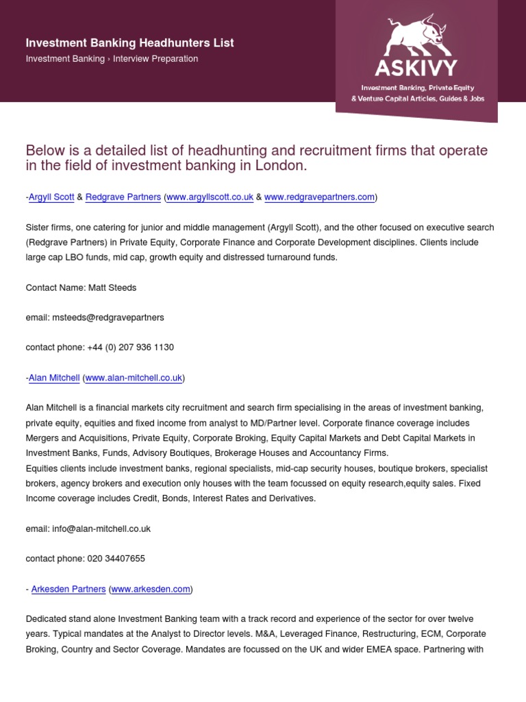 Askivy Article Investment Banking Headhunters List PDF Investment