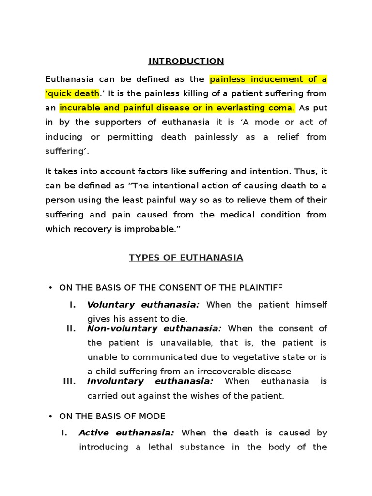 A Comprehensive Overview of Euthanasia Definitions, Types, History