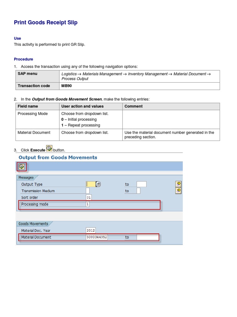 Print Goods Receipt Slip Logistics Materials Management Inventory