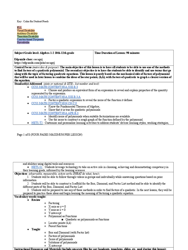 Quadratic Factoring Lesson Plan | PDF | Educational Assessment | Cognition