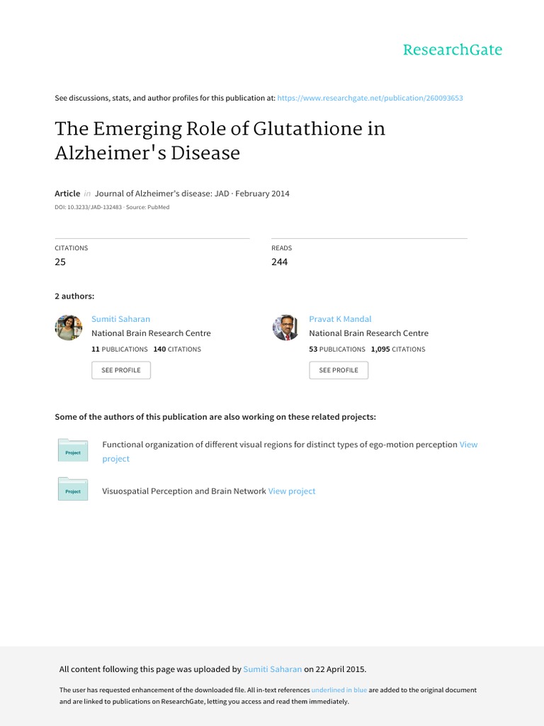 The Emerging Role of Glutathione in Alzheimer's Disease | PDF ...