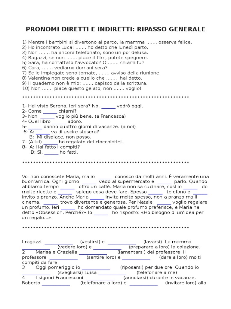 Pronomi Diretti E Indiretti Esercizi Pdf