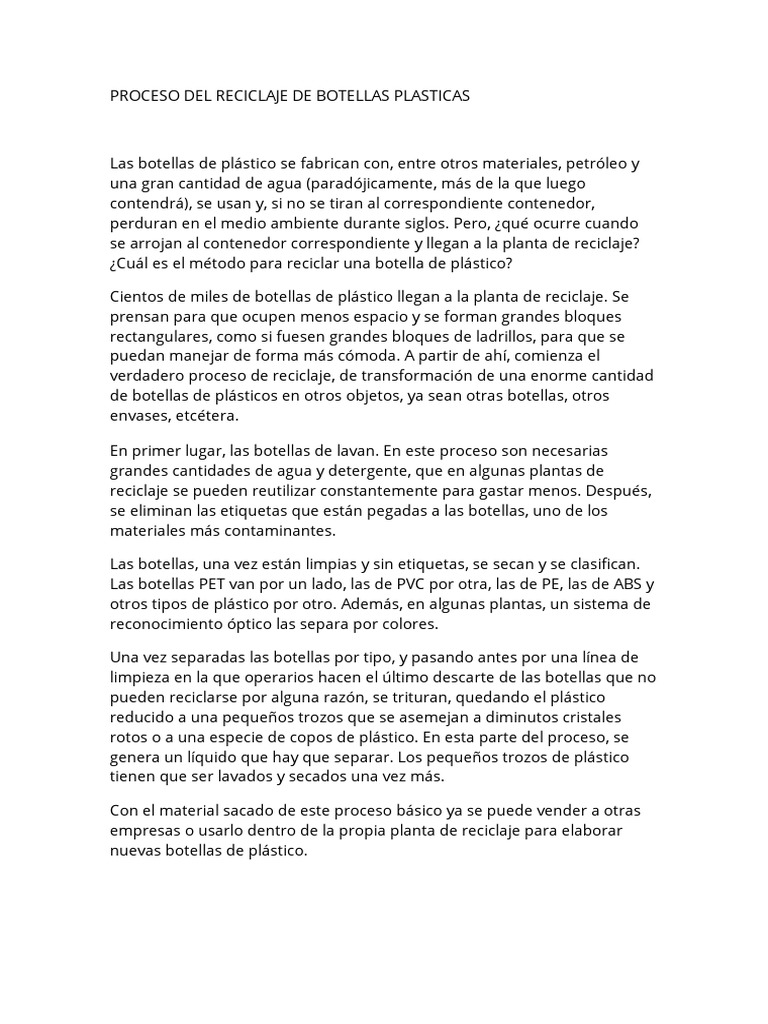 Proceso de Reciclaje de Botellas Plásticas | PDF | El plastico | Reciclaje
