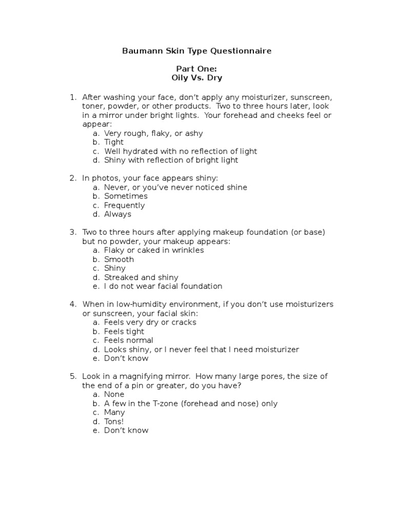 Baumann Skin Type Questionnaire Part One Oily vs. Dry PDF