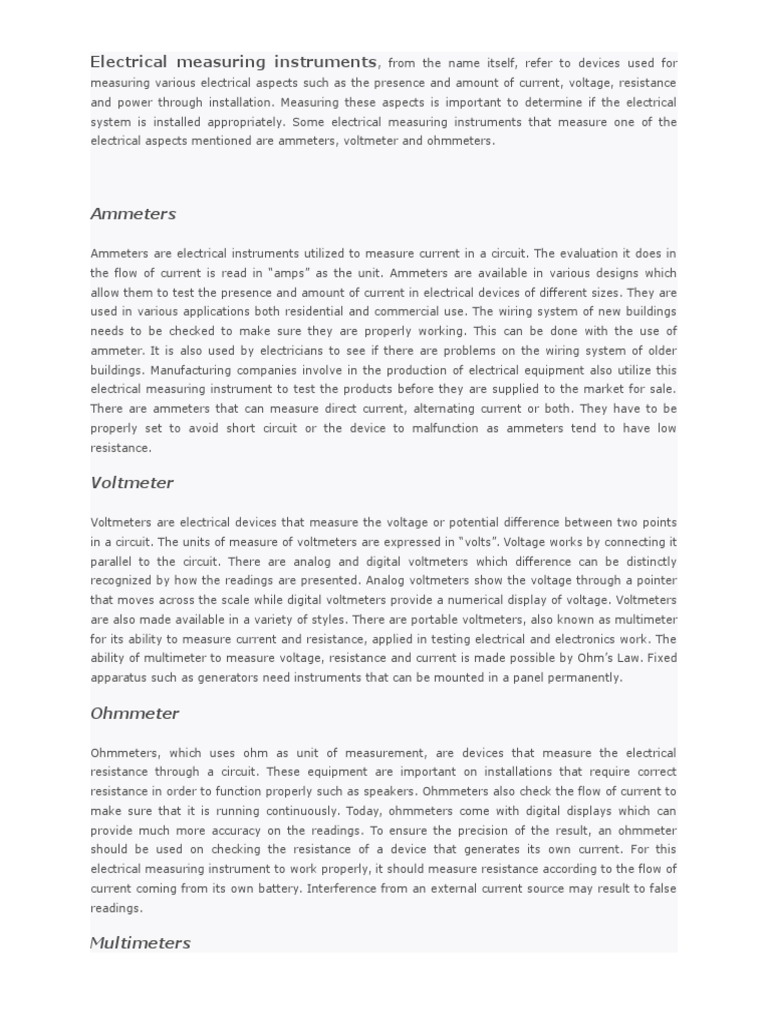 Overview of Electrical Measuring Instruments | PDF | Voltage | Electric ...