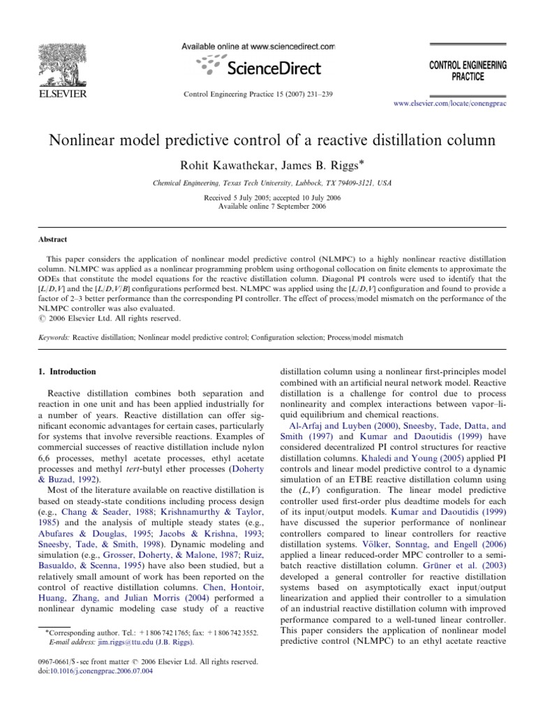 Nonlinear Control of Reactive Distillation | PDF | Distillation ...