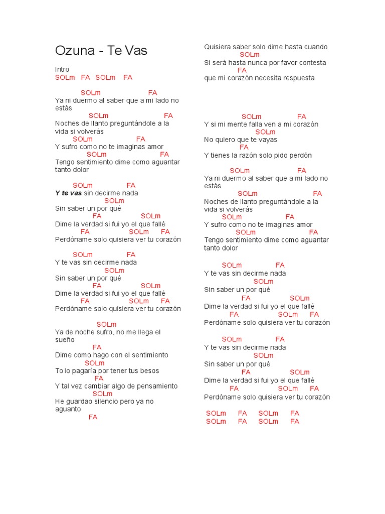 Letra y Acordes Te Vas Ozuna Ocio