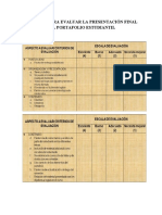 RÚBRICAS PARA EVALUAR LA PRESENTACIÓN FINAL DEL PORTAFOLIO ESTUDIANTIL