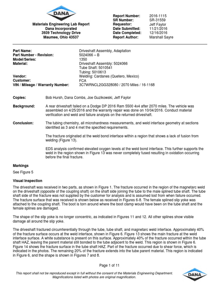 Driveshaft Assembly Failure Analysis Report | PDF | Scanning Electron ...