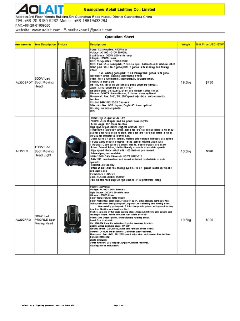 Aolait Stage Lighting Quotation Sheet PDF Light Emitting Diode Light