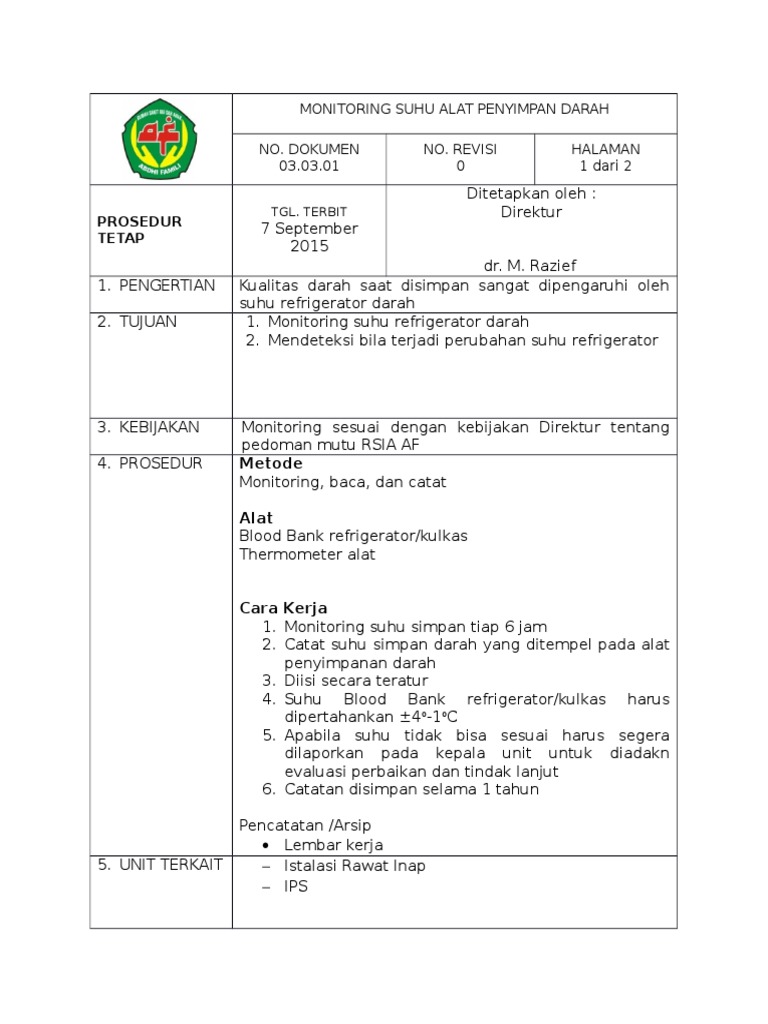 Sop Monitoring Suhu Alat Penyimpan Darah