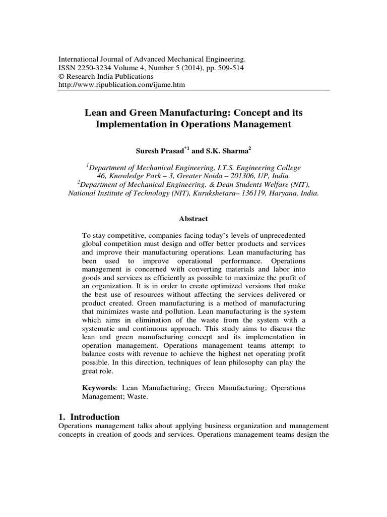 Lean and Green Manufacturing: Concept and Its Implementation in ...