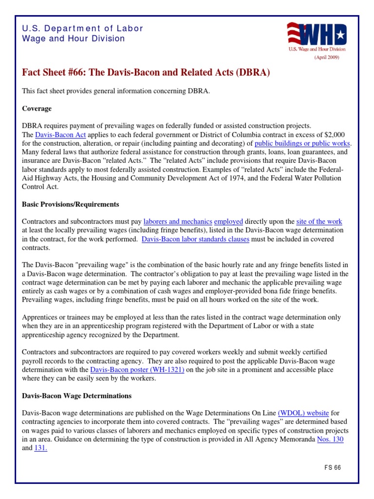 Fact Sheet 66 The DavisBacon and Related Acts (DBRA) Wage and Hour