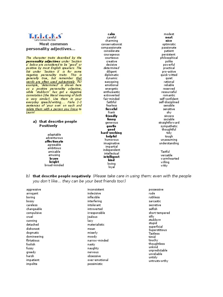 Most Common Positive and Negative Personality Adjectives | PDF ...