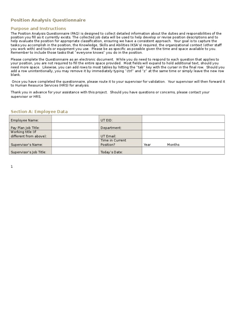 Position Analysis Questionnaire Guide | PDF | Supervisor | Employment