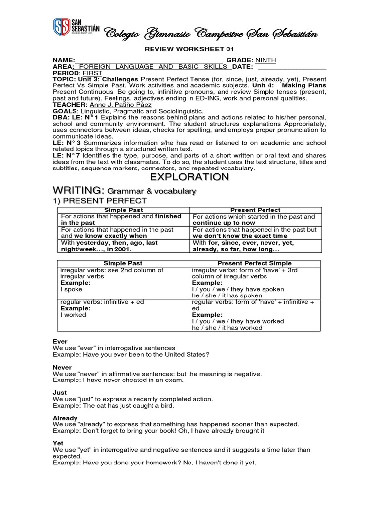 worksheet Verb Tense Review Worksheet review worksheet 1 ninth grade perfect grammar grammatical tense