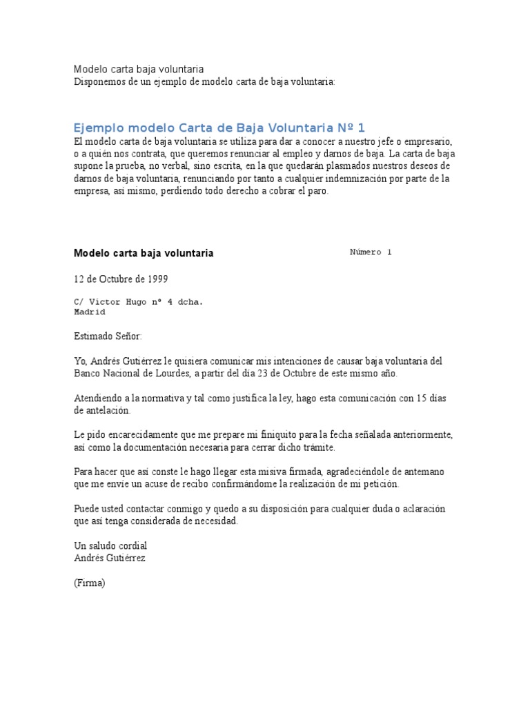 Carta Modelo Baja Voluntaria Empresa