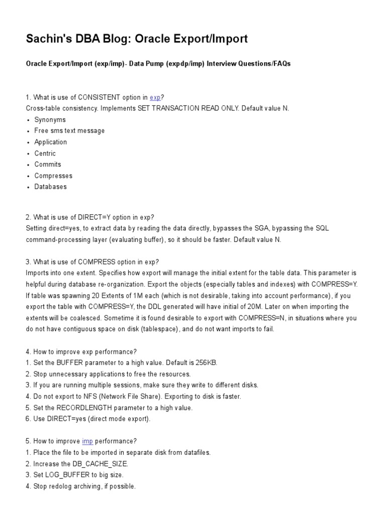 Oracle Export - Import - Data Pump Interview Questions | PDF | Oracle  Database | Information Technology