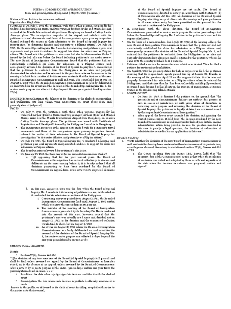 Admin-148-Neria V Commissioner of Immigration | PDF | Habeas 