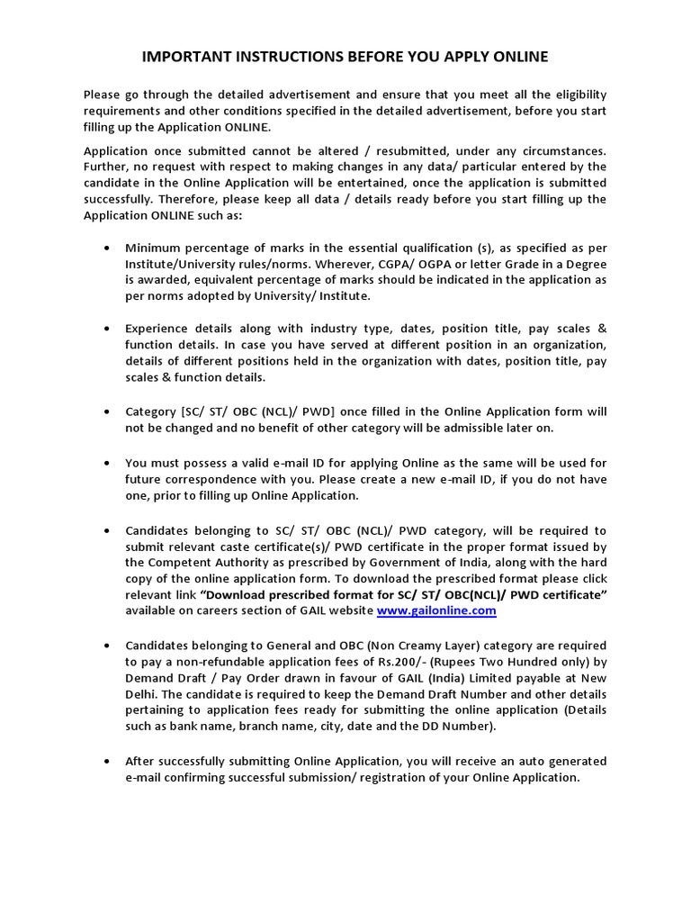 GAIL Online Application Instructions | PDF | Petrochemical | Academic ...