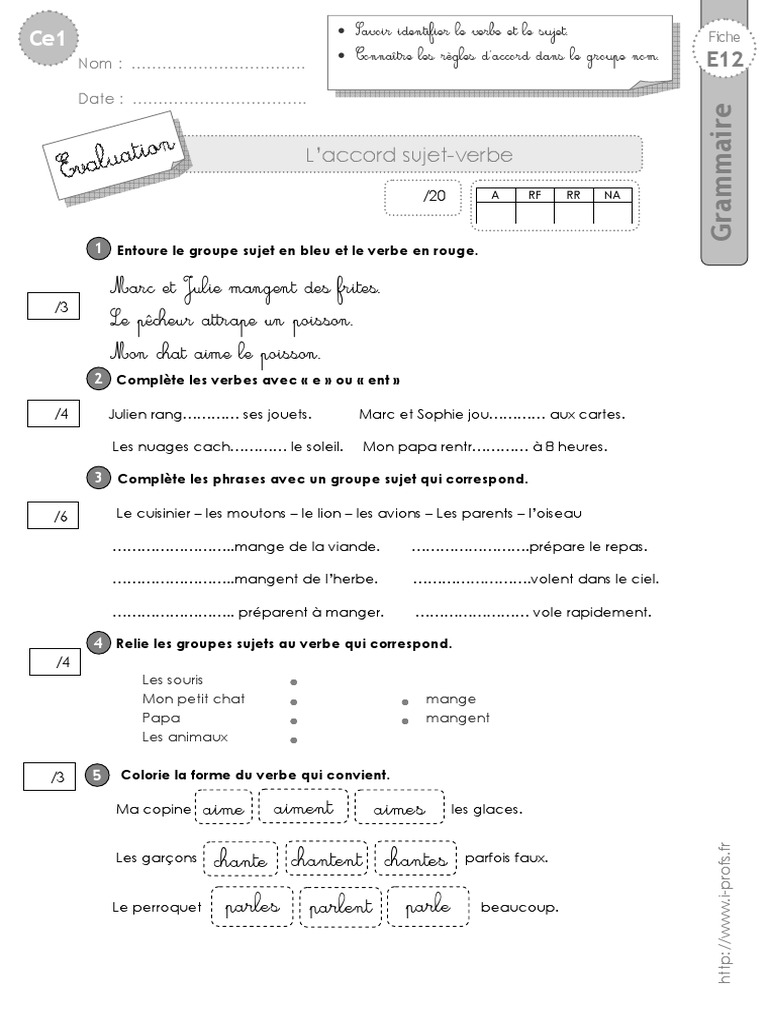 Accord Sujet Verbe Exercices à Imprimer Ce1 Evaluation Accord Verbe | PDF | Sujet (Grammaire) | Nourritures