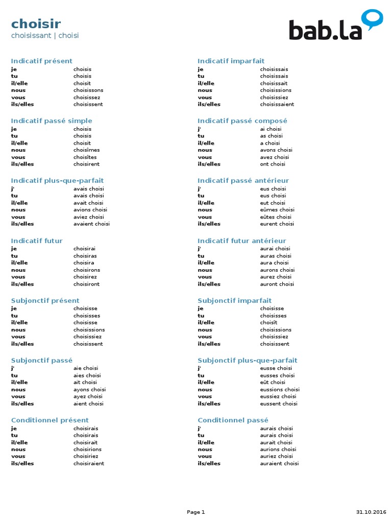 Verbe Choisir A L Imparfait Choisir | PDF | Morphologie | Langues en Europe