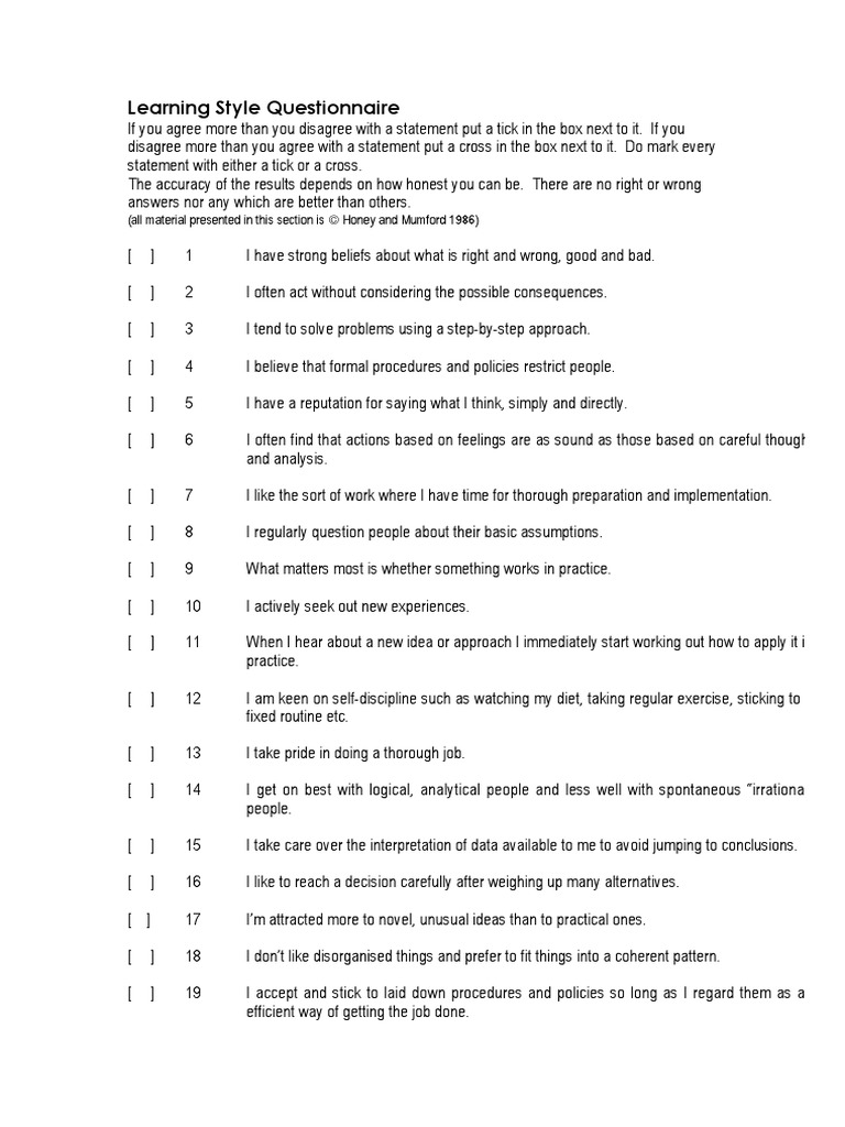 Honey & Mumford Learning Styles Questionnaire(1) Thought Logic