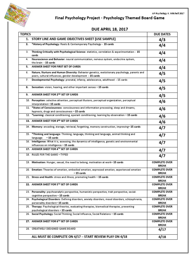 2017 psychology board game project item due dates Perception