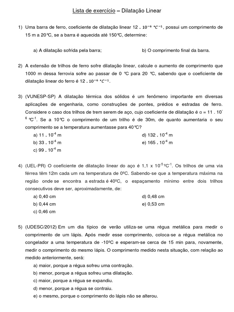 Lista de Exercício - Dilatação Linear | PDF