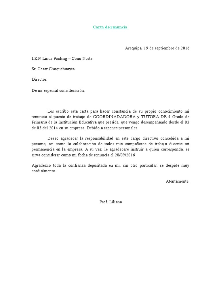 Carta de Renuncia a Un Cargo Directivo