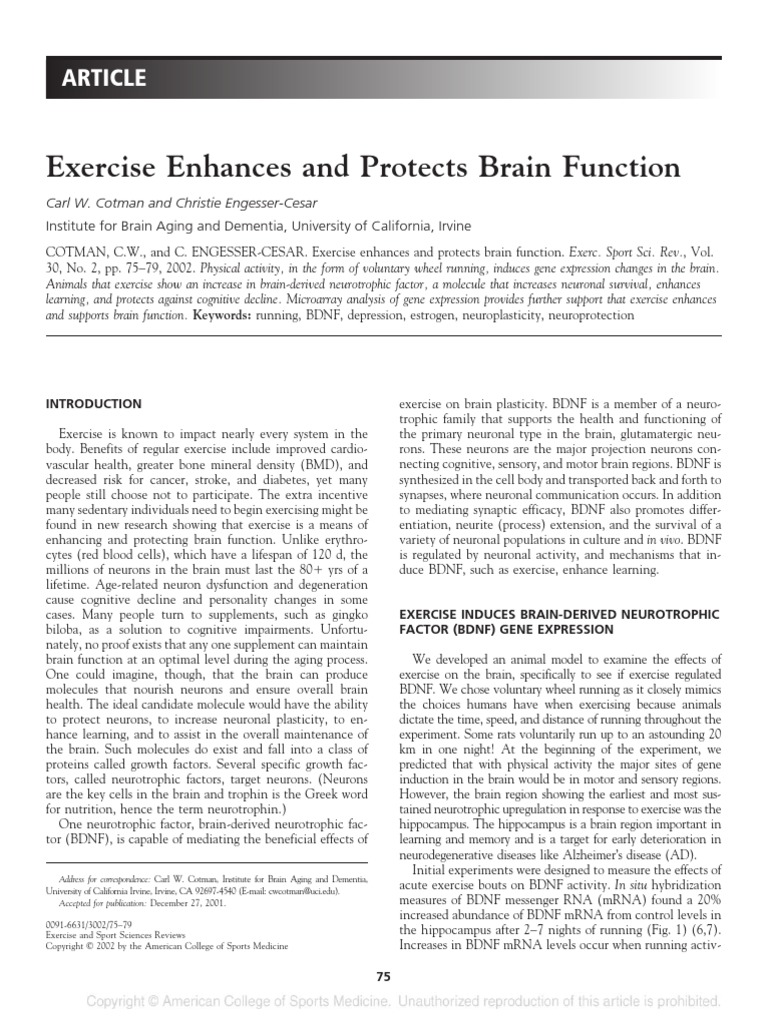Exercise Enhances and Protects Brain Function | PDF | Long Term ...