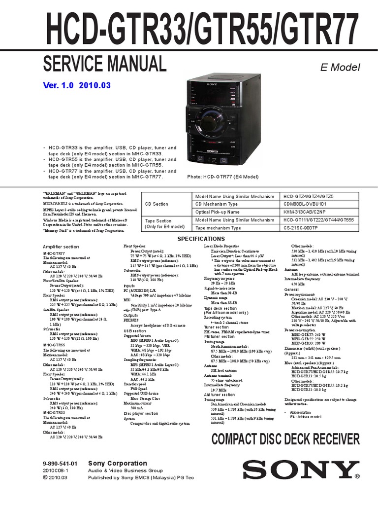 9553 Sony HCD-GTR33 GTR55 GTR77 Sistema de Audio CD-casette-USB Manual ...