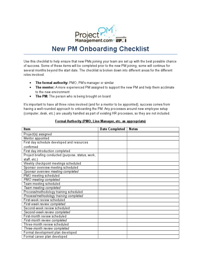 New Pm Onboarding Checklist Mentorship Accountability