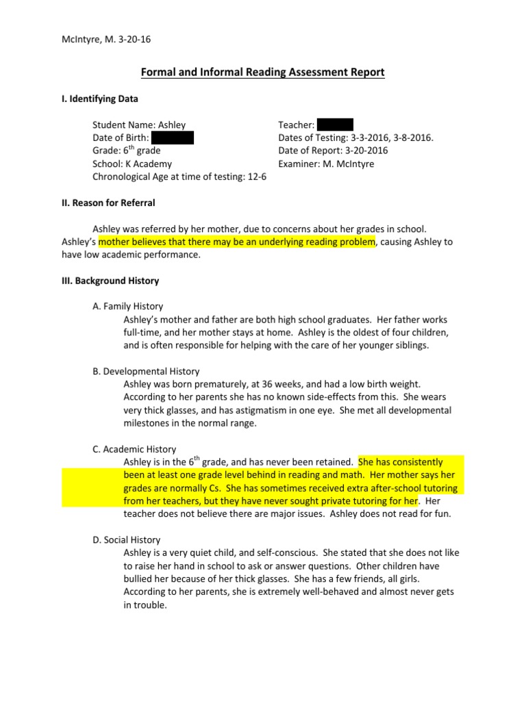 Formal and Informal Reading Assessment Report I. Identifying Data Reading Comprehension