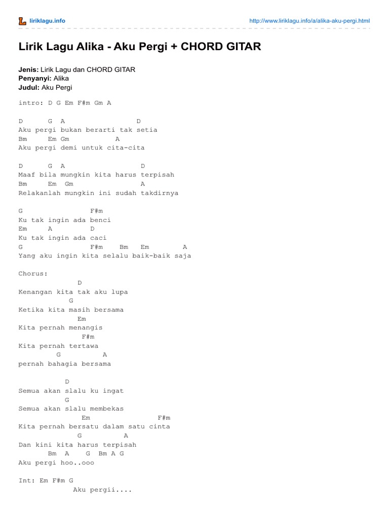 Lirik Lagu Alika Aku Pergi Chord Gitar