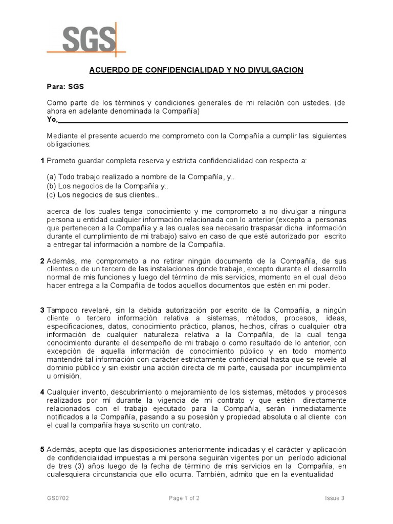 GS0702 Acuerdo de Confidencialidad y No Divulgaciónespañol Conocimiento Información