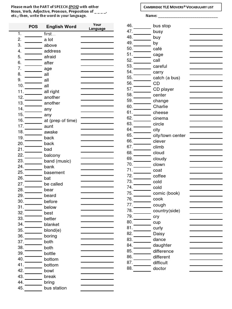 movers vocabulary worksheet pdf part of speech syntax
