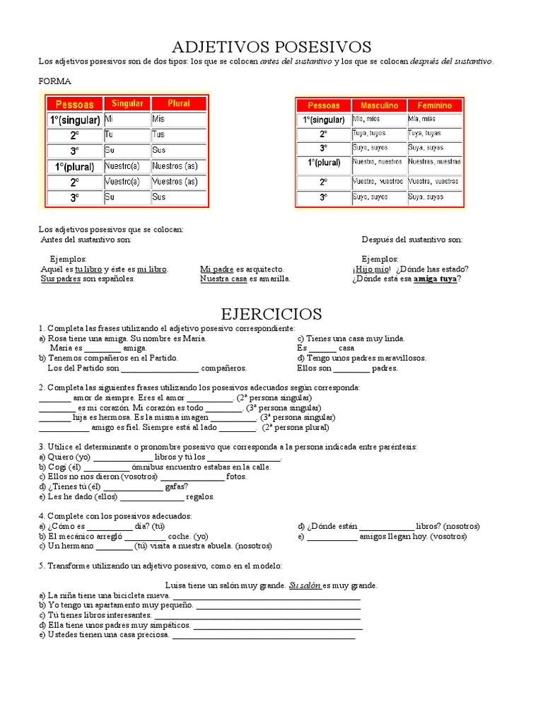ADJETIVOS POSESIVOS | Adjetivo | Morfología Lingüística