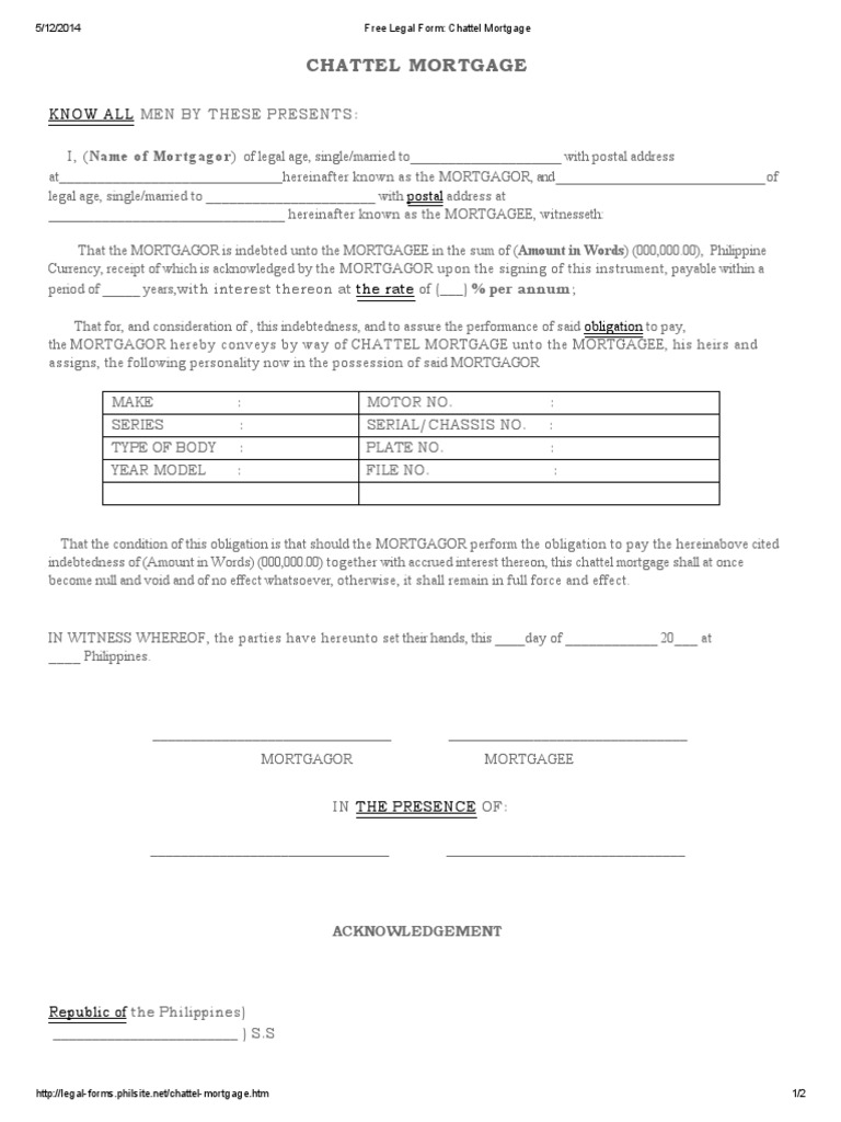 Free Legal Form Chattel Mortgage PDF PDF Mortgage Law Civil Law