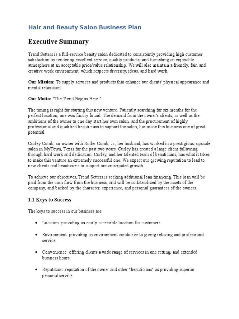 Hair And Beauty Salon Business Plan Docx Revenue Employment