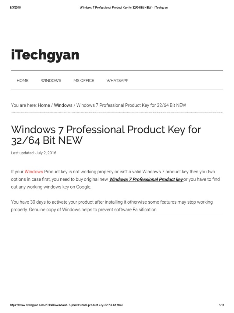 Windows 7 Professional Product Key For 32 - 64 Bit NEW - ITechgyan ...