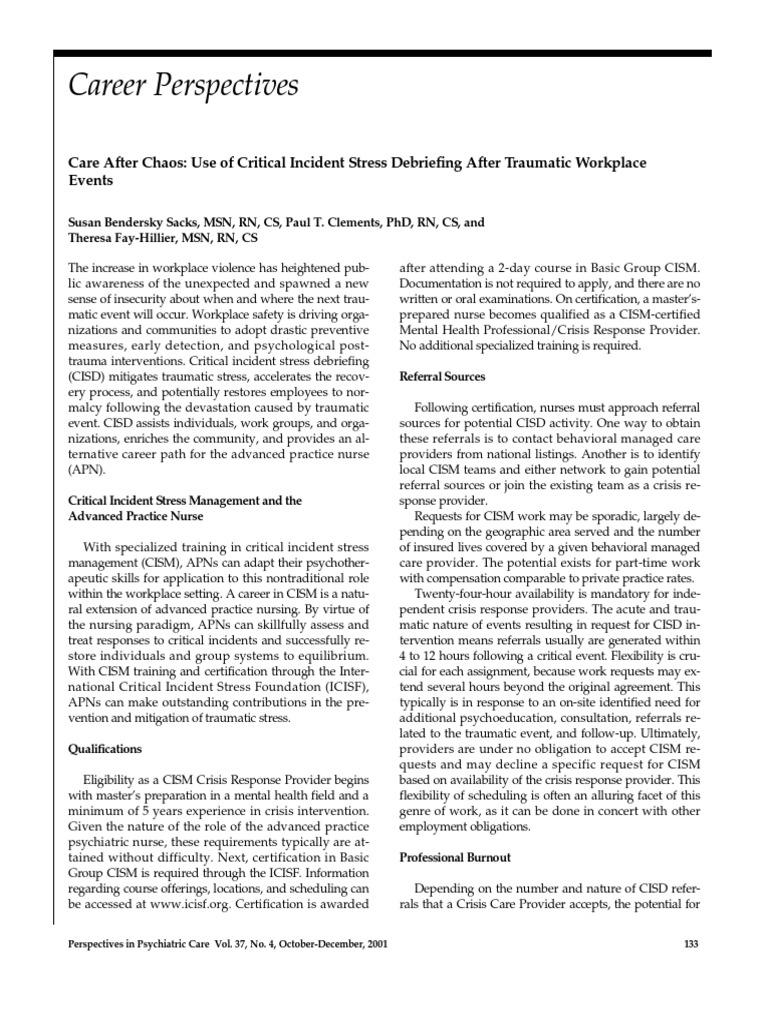 Care After Chaos Use Of Critical Incident Stress Debriefing After