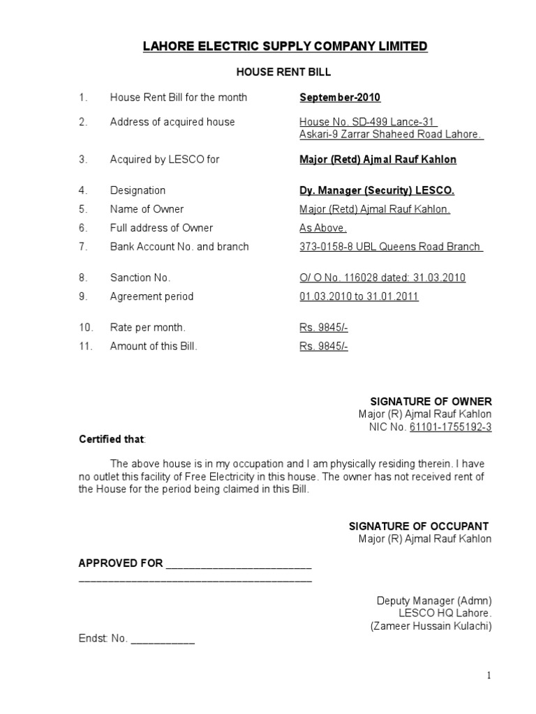 New House Rent Bill 2010 | PDF | Cheque | Payments