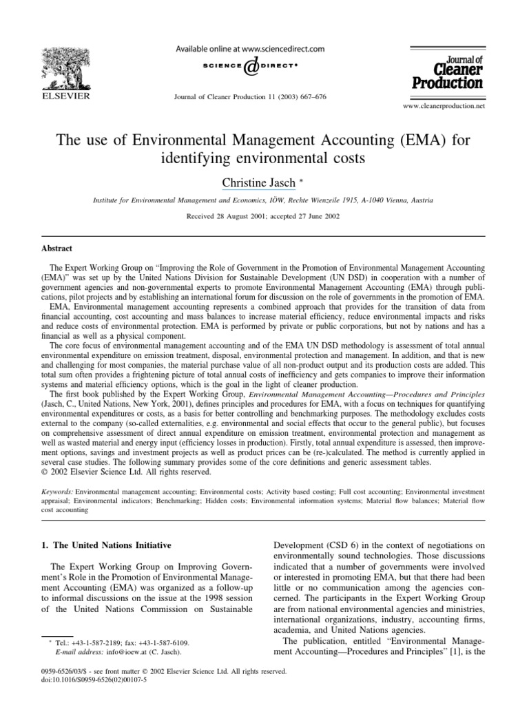 The Use of Environmental Management Accounting EMA Cost Management