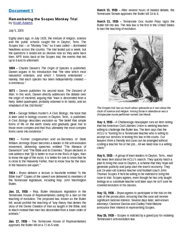 The Scopes Monkey Trial Students Worksheet Government Politics