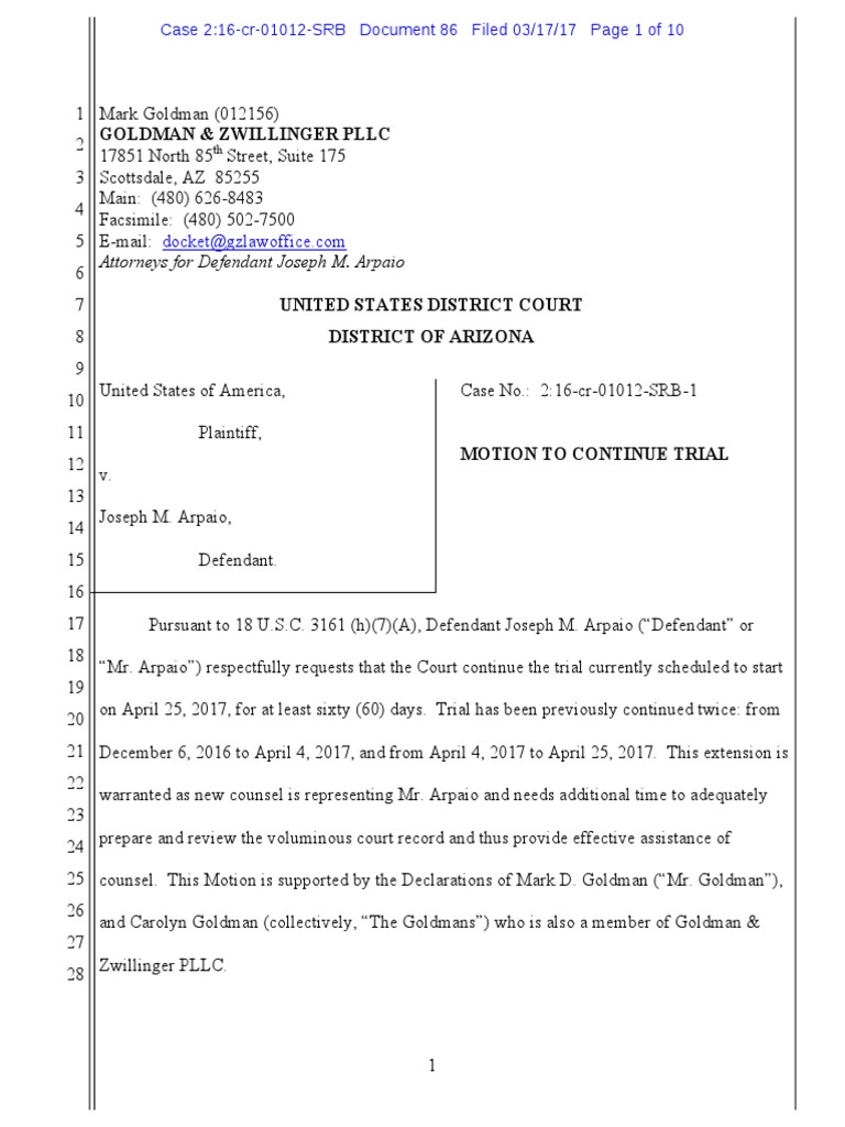 USA V Arpaio 86 Arpaio Motion To Continue Trial PDF